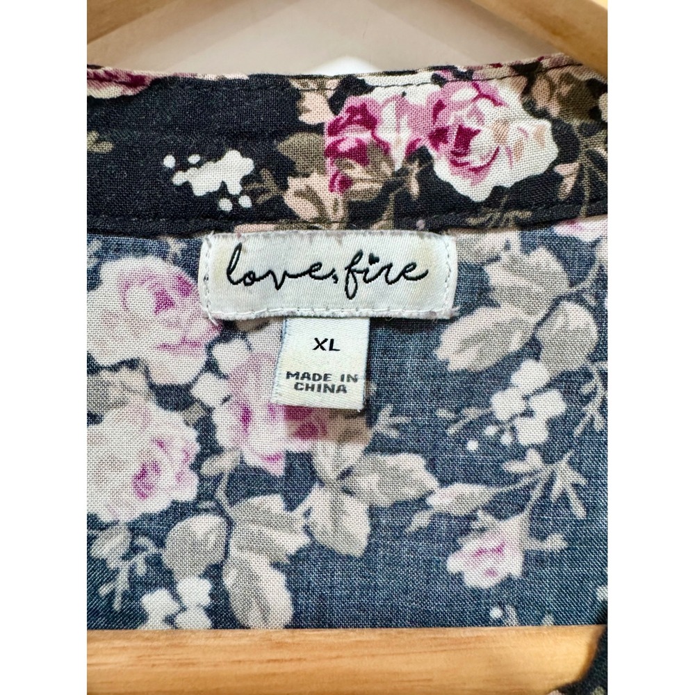 Love Fire Black Floral Lace Trim Tie Neck Blouse XL Pink Rose Long Sleeve Top - Picture 7 of 7